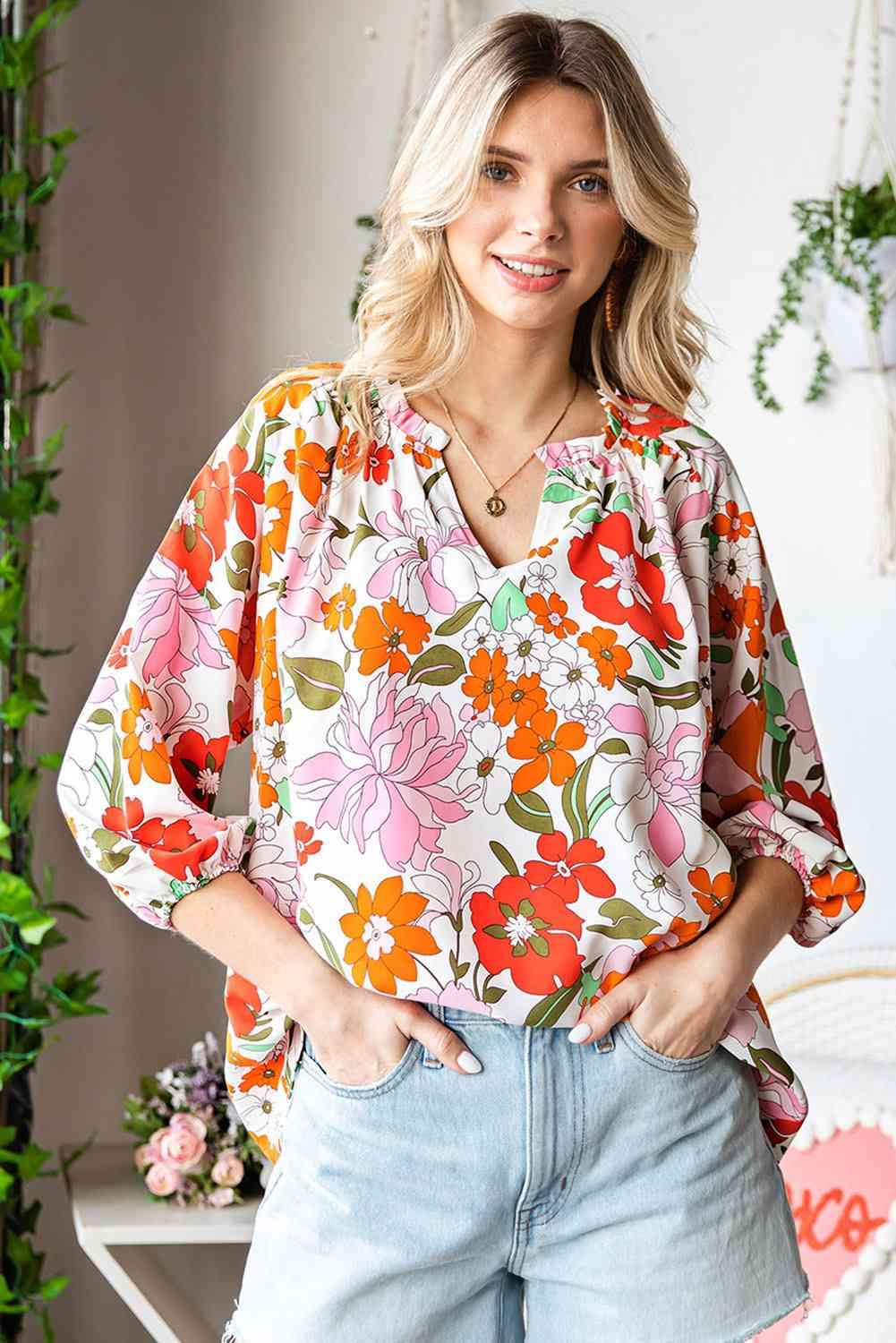 Floral Notched Neck Balloon Sleeve Blouse Blouses - Tophatter Daily Deals