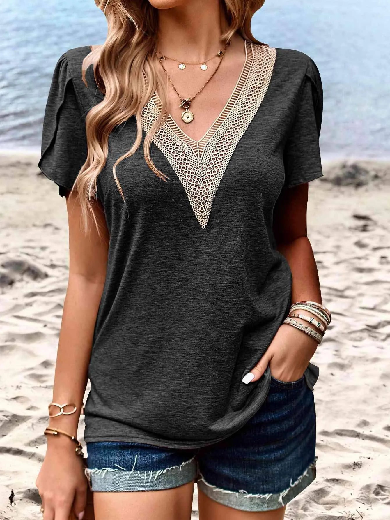 Contrast V-Neck Petal Sleeve Top Blouses - Tophatter Daily Deals