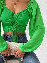 Drawstring Sweetheart Neck Cropped Top Blouses - Tophatter Daily Deals