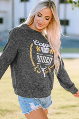 Mineral Washed COW'S FIRST RODEO Round Neck Raglan Sleeve Sweatshirt Graphic Sweatshirt - Tophatter Daily Deals