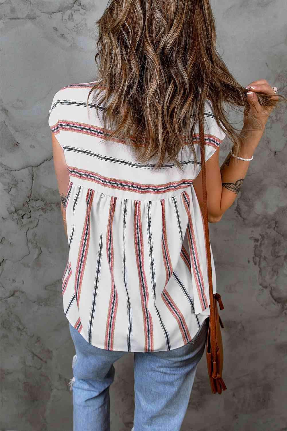 Striped V-Neck Tassel Tie Blouse Blouses - Tophatter Daily Deals