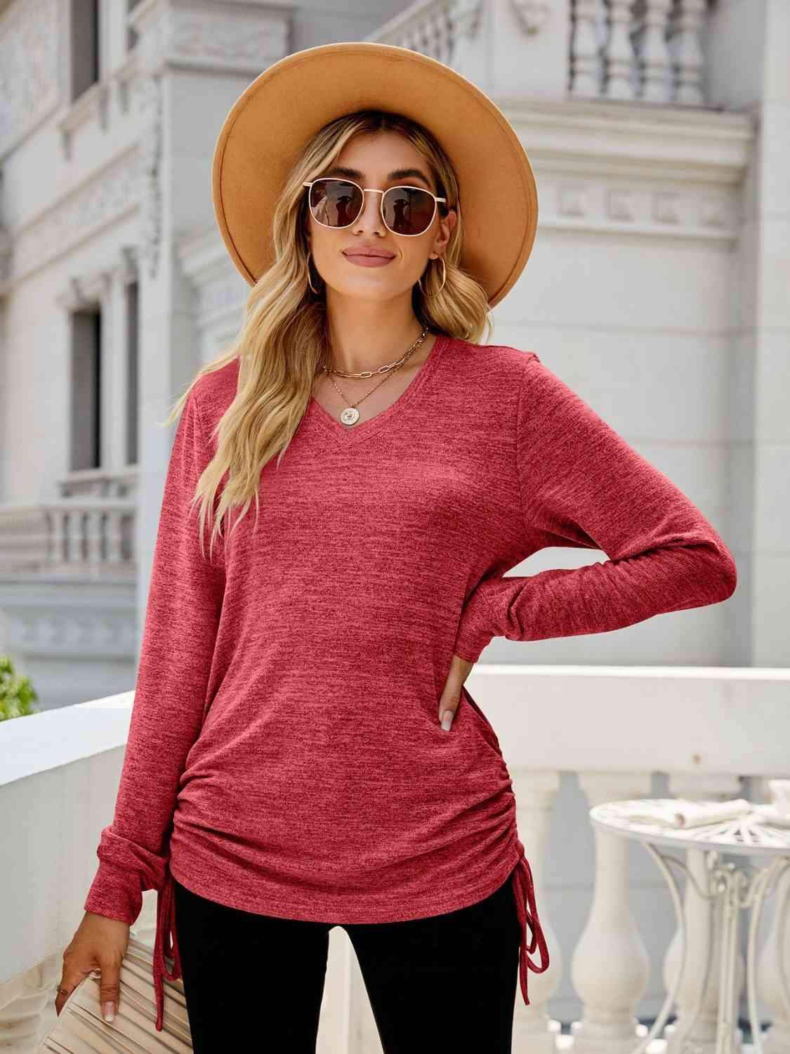 Drawstring V-Neck Long Sleeve T-Shirt Strawberry Women's T-Shirts - Tophatter Daily Deals