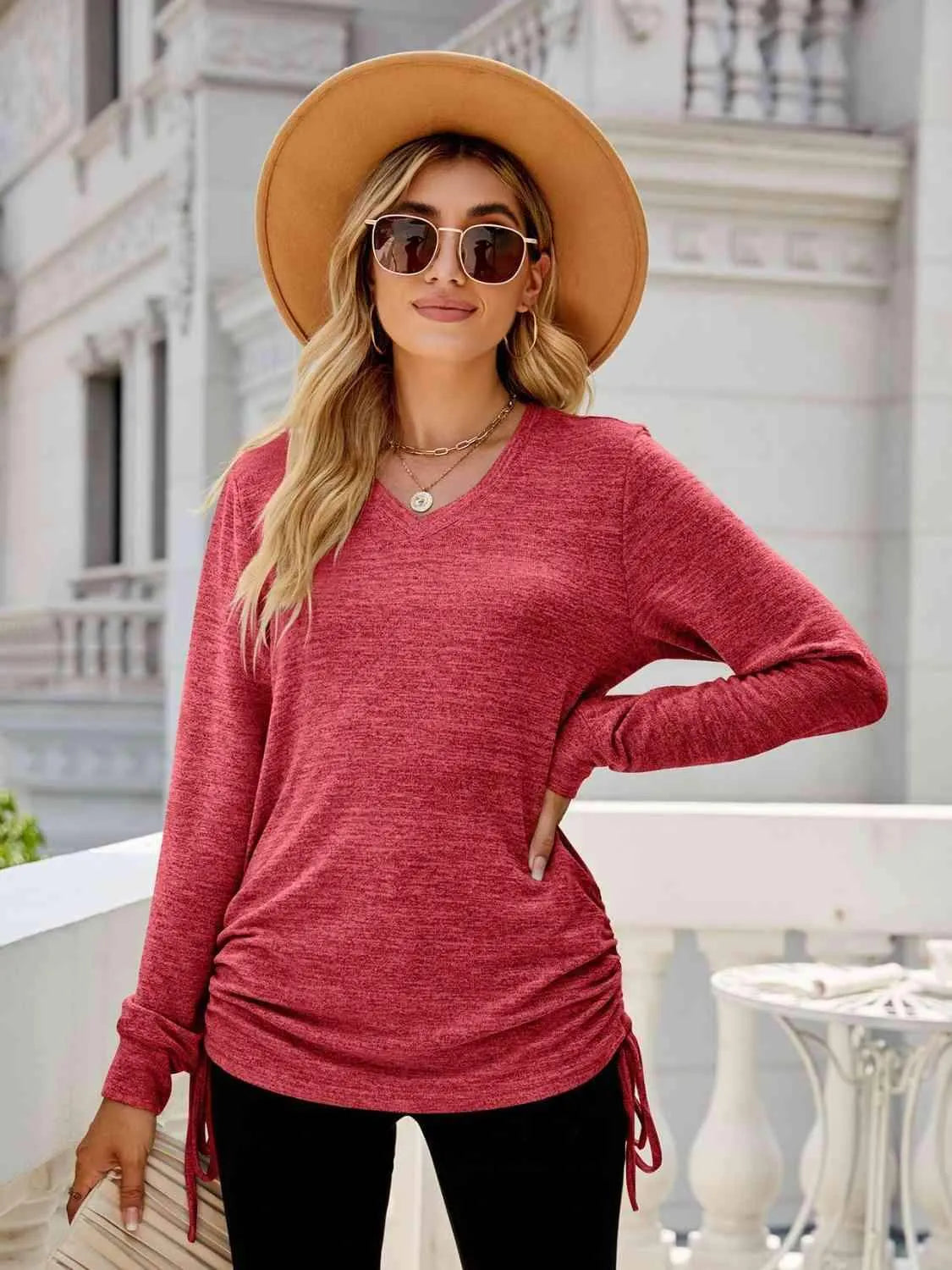 Drawstring V-Neck Long Sleeve T-Shirt Strawberry Women's T-Shirts - Tophatter Daily Deals