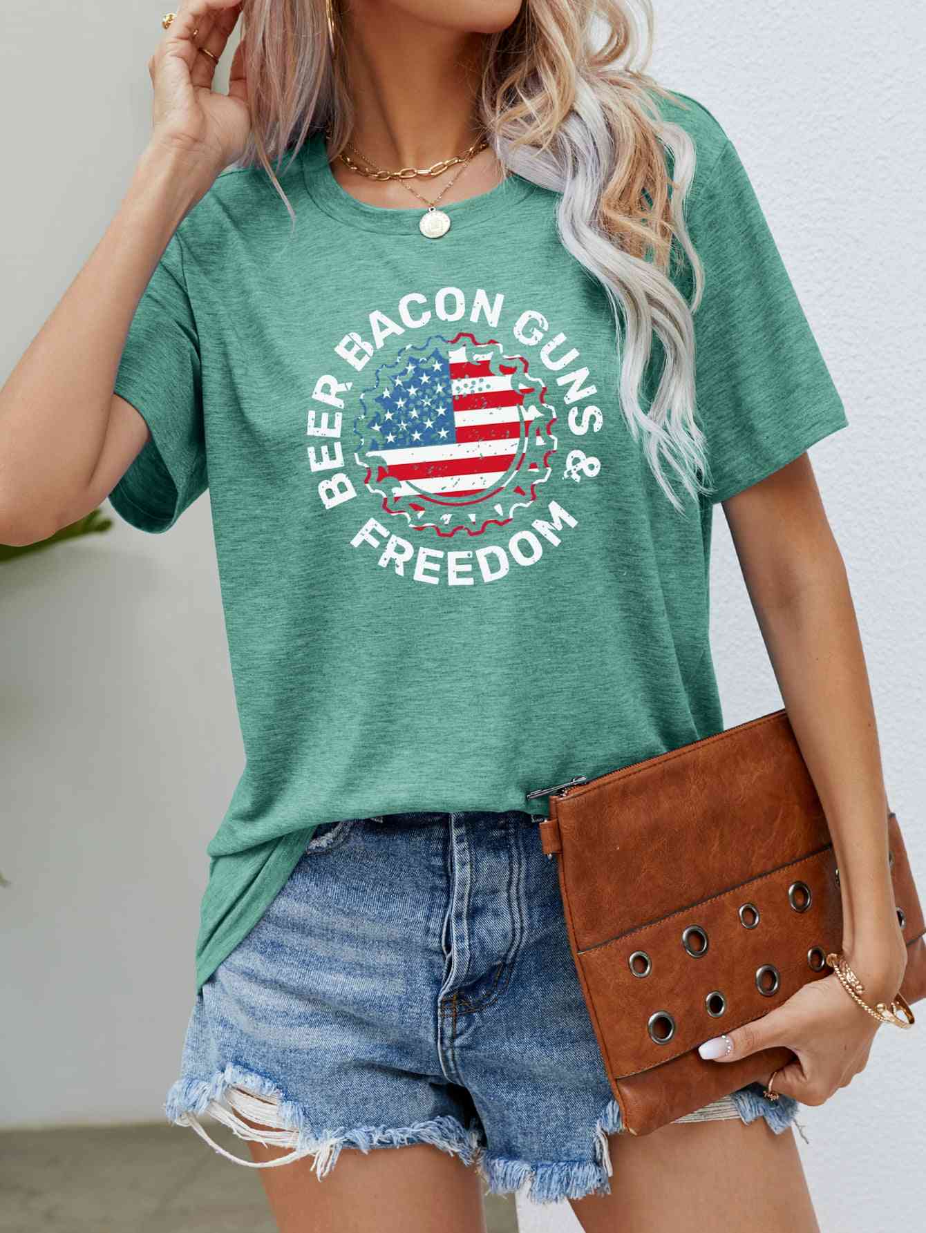 BEER BACON GUNS & FREEDOM US Flag Graphic Tee Gum Leaf Women's T-Shirts - Tophatter Daily Deals