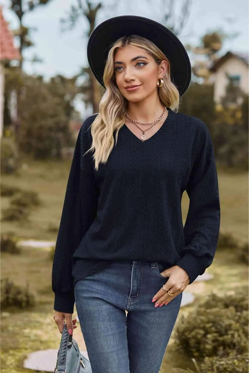 V-Neck Dropped Shoulder Blouse Navy Blouses - Tophatter Daily Deals