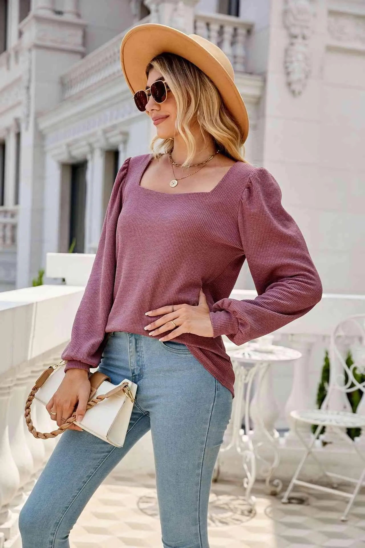 Waffle-Knit Puff Sleeve Square Neck Top Blouses - Tophatter Daily Deals