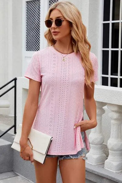 Eyelet Slit Round Neck Short Sleeve T-Shirt Women's T-Shirts - Tophatter Daily Deals