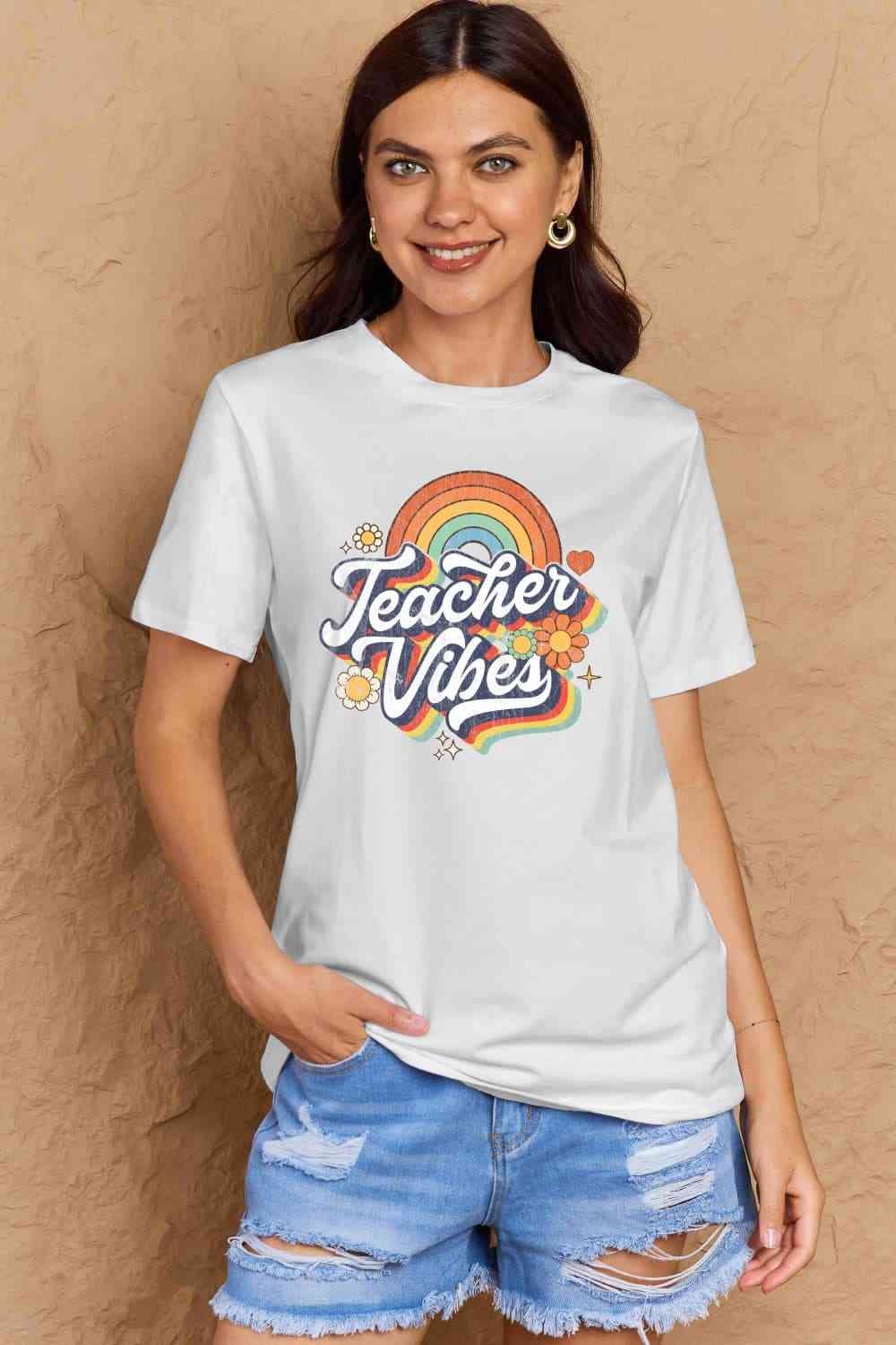 Simply Love Full Size TEACHER VIBES Graphic Cotton T-Shirt Women's T-Shirts - Tophatter Daily Deals