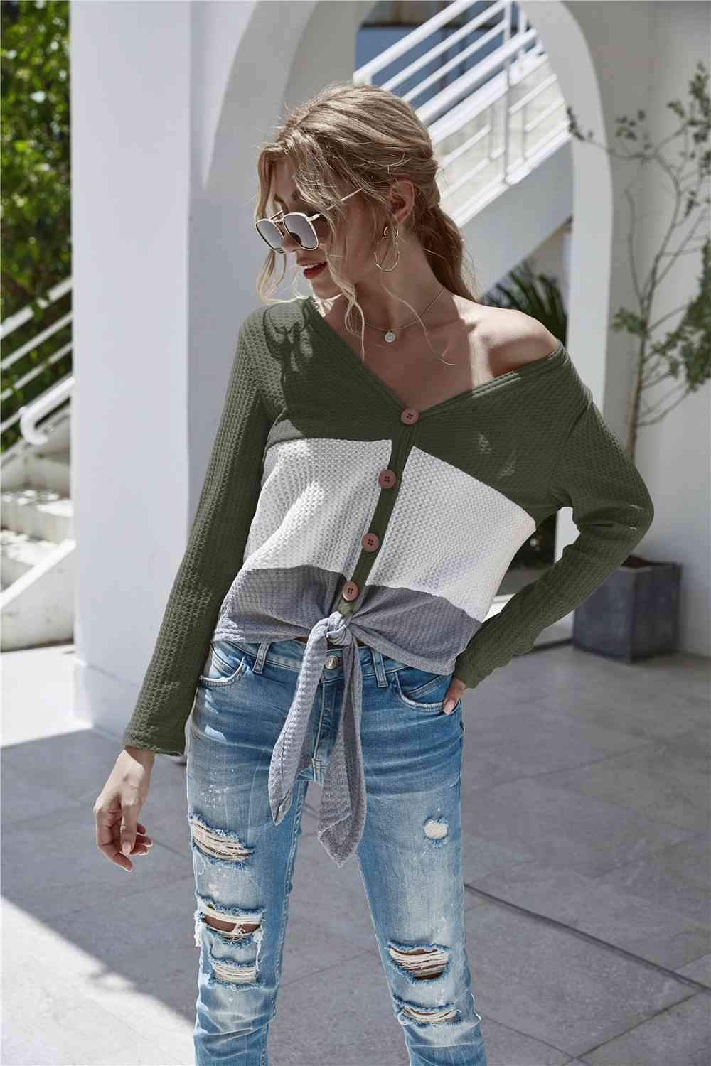 Twisted Waffle-Knit Color Block Buttoned Blouse Army Green Blouses - Tophatter Daily Deals