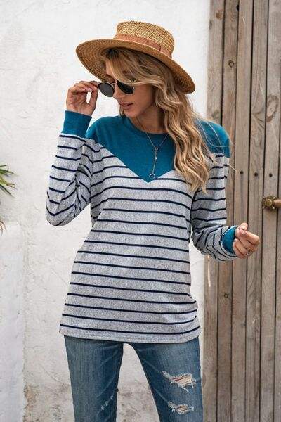 Striped Round Neck Long Sleeve T-Shirt Women's T-Shirts - Tophatter Daily Deals