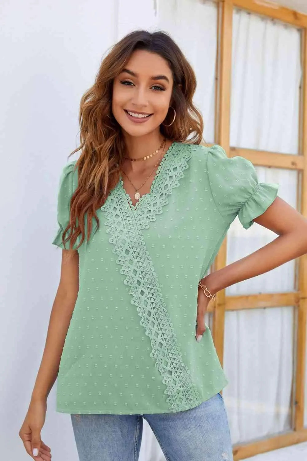 Swiss Dot Lace Trim Flounce Sleeve Blouse Blouses - Tophatter Daily Deals
