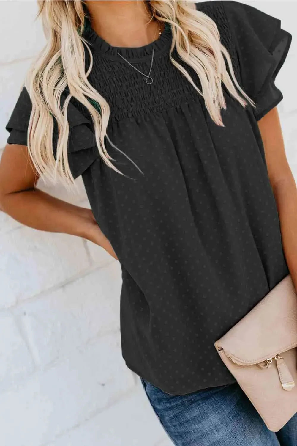 Layered Flutter Sleeve Smocked Blouse Blouses - Tophatter Daily Deals