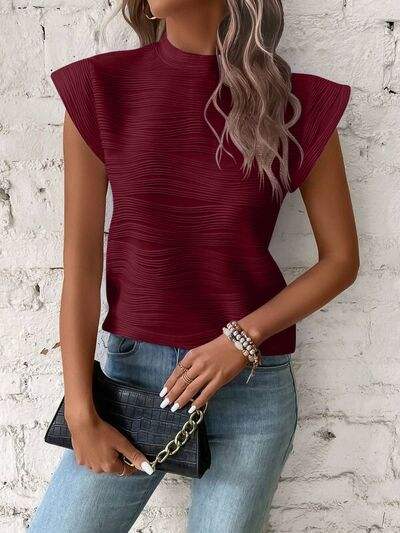 Mock Neck Cap Sleeve T-Shirt Wine Women's T-Shirts - Tophatter Daily Deals