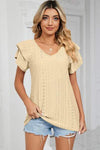 Eyelet V-Neck Short Sleeve T-Shirt Pastel Yellow Women's T-Shirts - Tophatter Daily Deals