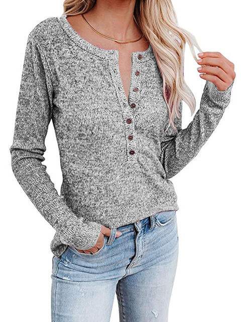 Round Neck Buttoned Long Sleeve T-Shirt Heather Gray Women's T-Shirts - Tophatter Daily Deals