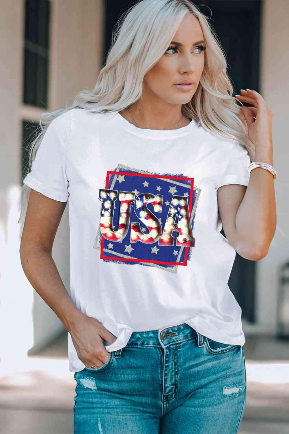 USA Graphic Round Neck Tee Shirt White Women's T-Shirts - Tophatter Daily Deals