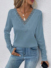 Waffle-Knit Lace Detail V-Neck Long Sleeve T-Shirt Women's T-Shirts - Tophatter Daily Deals