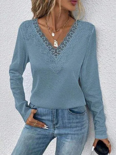 Waffle-Knit Lace Detail V-Neck Long Sleeve T-Shirt Women's T-Shirts - Tophatter Daily Deals