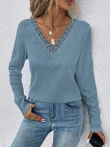 Waffle-Knit Lace Detail V-Neck Long Sleeve T-Shirt Women's T-Shirts - Tophatter Daily Deals