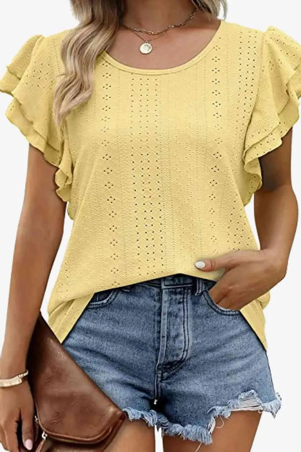 Round Neck Layered Flutter Sleeve Blouse Banana Yellow Blouses - Tophatter Daily Deals