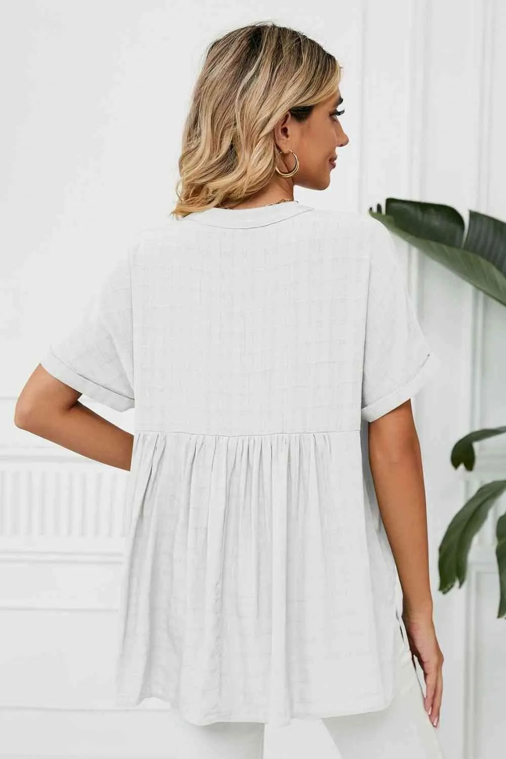 Side Slit Notched Neck Cuffed Short Sleeve Blouse Blouses - Tophatter Daily Deals