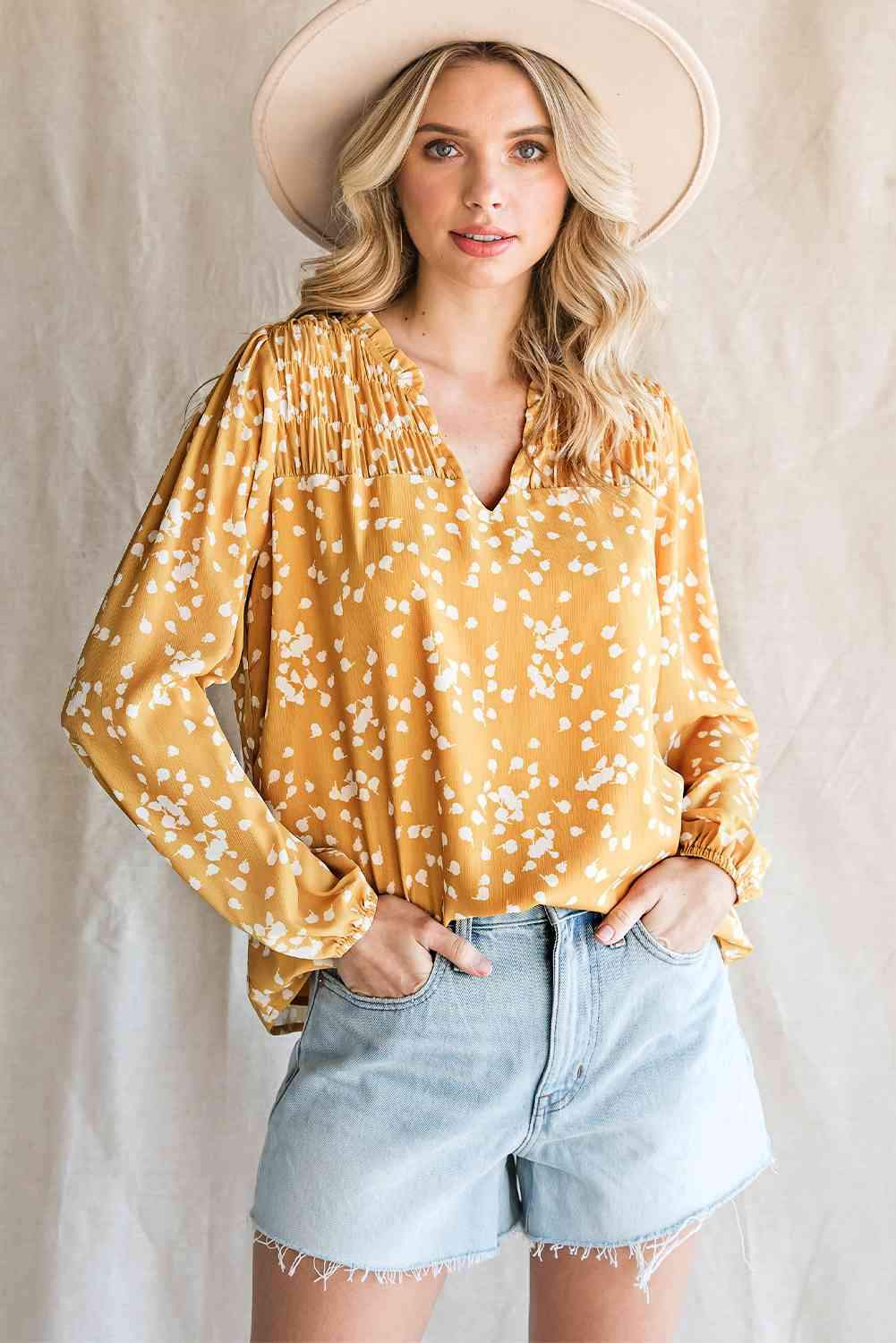 Double Take Printed Notched Neck Smocked Blouse Mustard Blouses - Tophatter Daily Deals