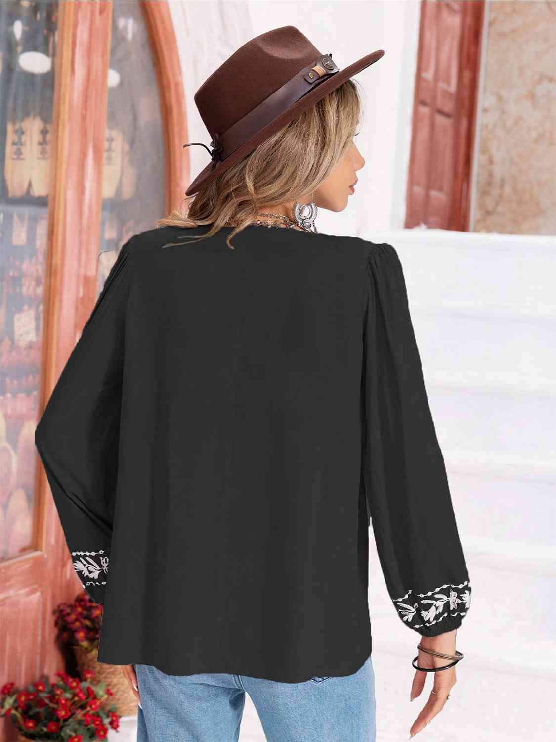 Floral Tie Neck Balloon Sleeve Blouse Blouses - Tophatter Daily Deals