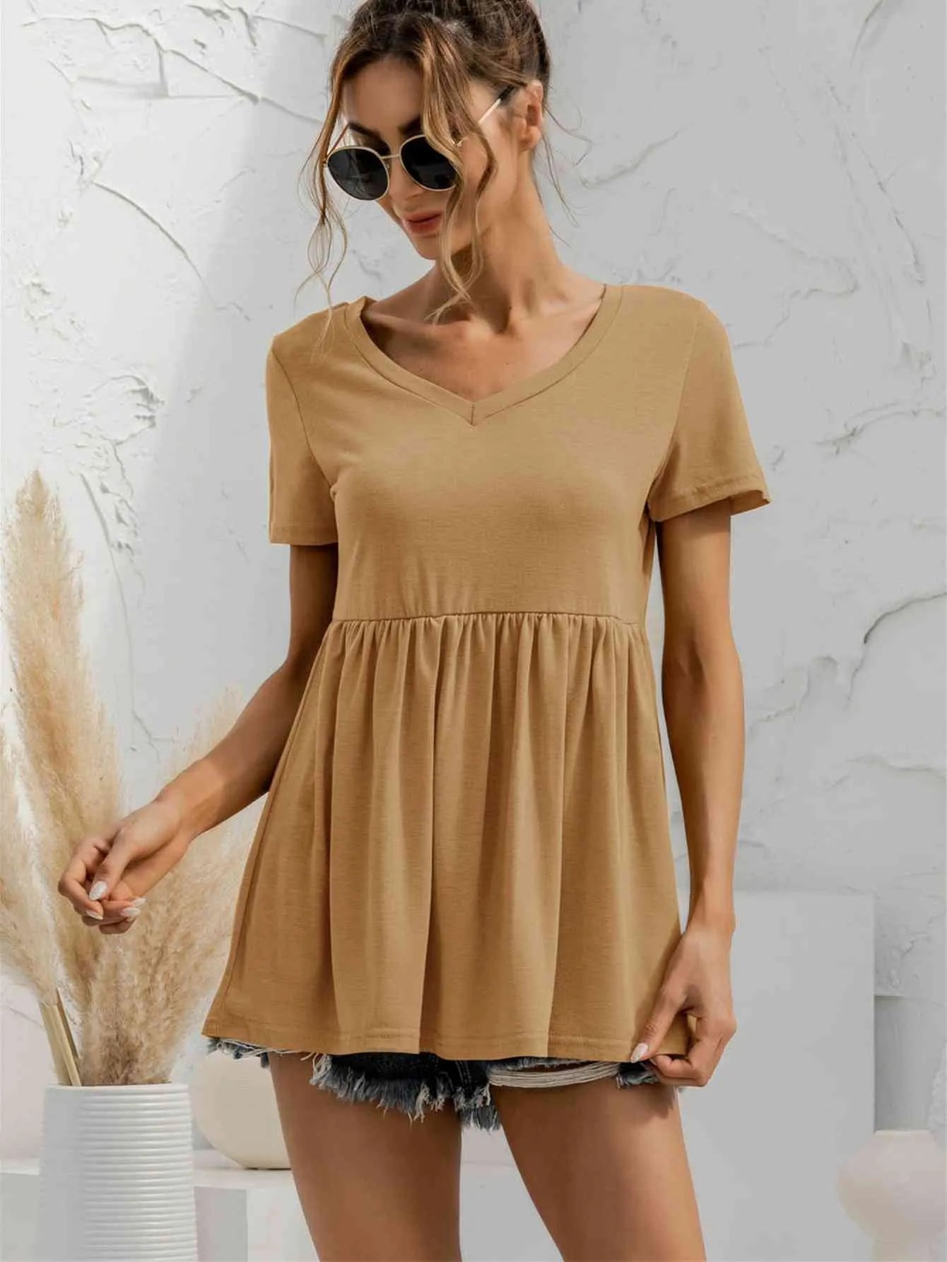 V-Neck Short Sleeve Babydoll Top Blouses - Tophatter Daily Deals