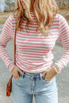 Double Take Striped Mock Neck Long Sleeve Top Carnation Pink Blouses - Tophatter Daily Deals