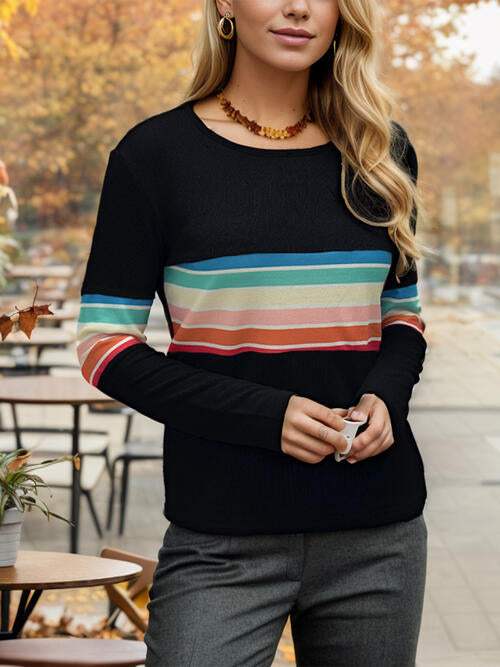 Striped Round Neck Long Sleeve T-Shirt Women's T-Shirts - Tophatter Daily Deals