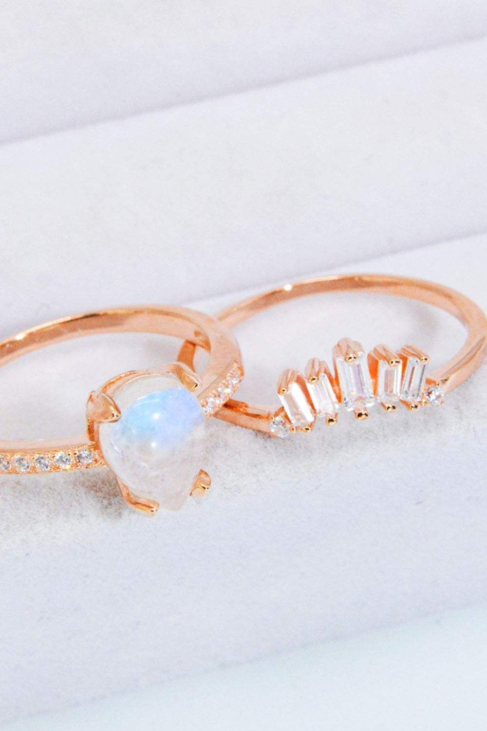 Natural Moonstone and Zircon 18K Rose Gold-Plated Two-Piece Ring Set Moonstone - Tophatter Daily Deals