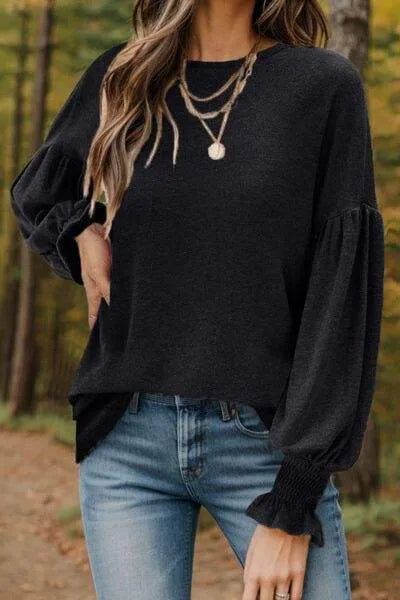 Round Neck Lantern Sleeve T-Shirt Black Women's T-Shirts - Tophatter Daily Deals
