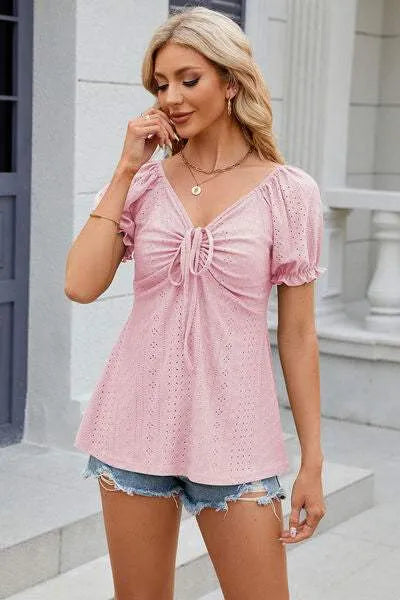 Eyelet Drawstring Short Sleeve T-Shirt Women's T-Shirts - Tophatter Daily Deals