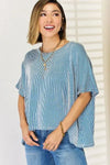 Zenana Striped Round Neck Half Sleeve T-Shirt Teal Blouses - Tophatter Daily Deals