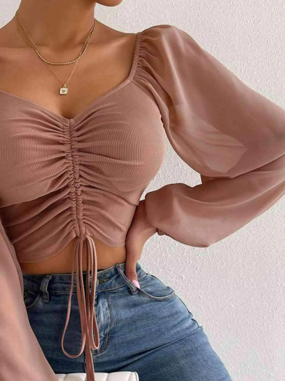 Drawstring Sweetheart Neck Cropped Top Blouses - Tophatter Daily Deals