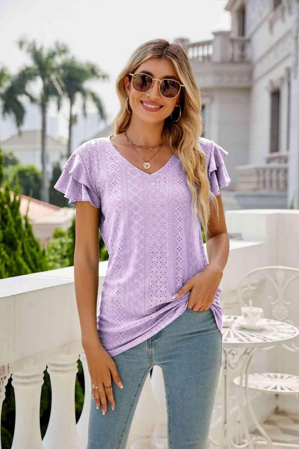 Eyelet Layered Flutter Sleeve V-Neck Top Lavender Blouses - Tophatter Daily Deals