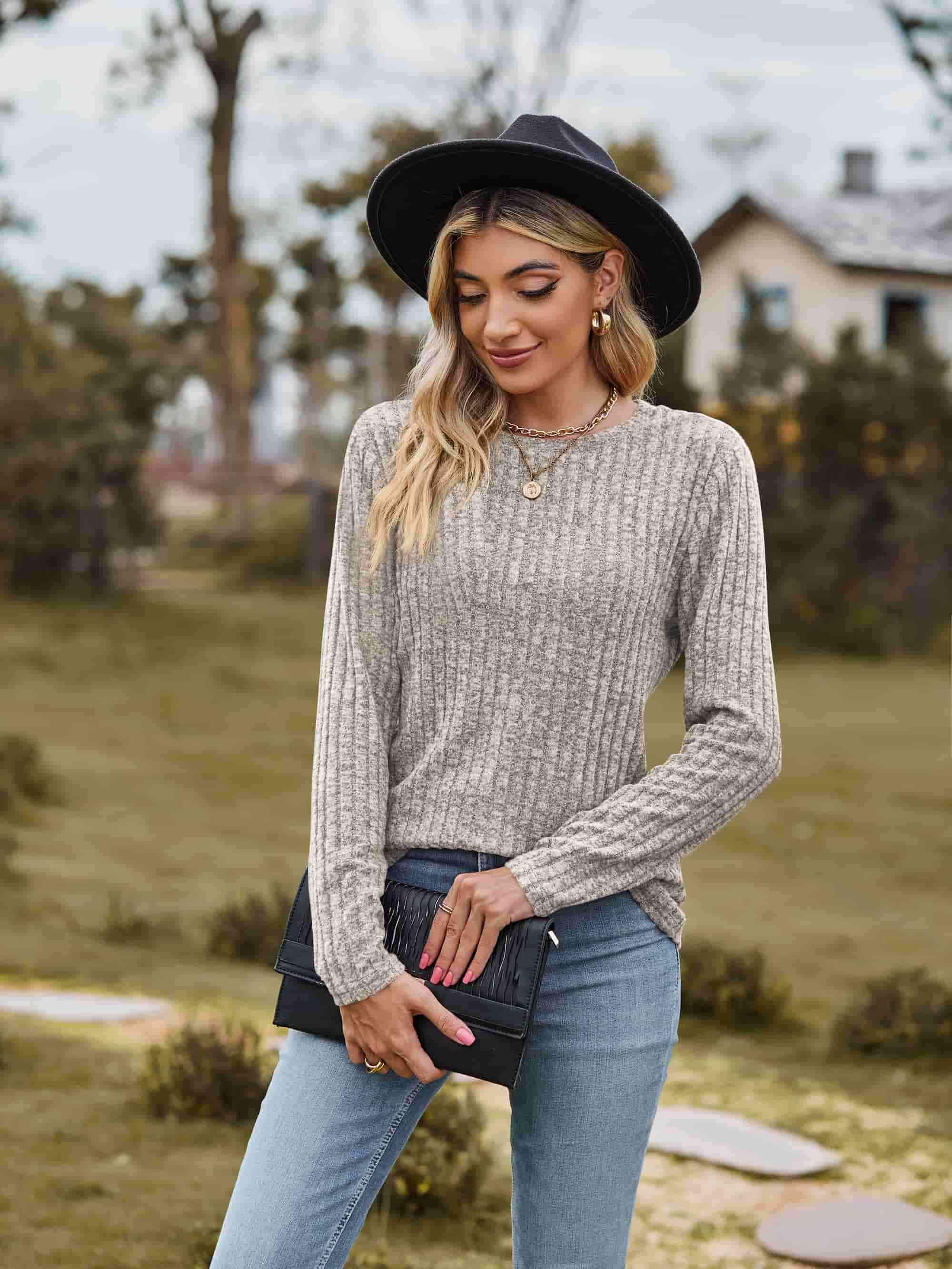 Ribbed Round Neck Long Sleeve Tee Women's T-Shirts - Tophatter Daily Deals