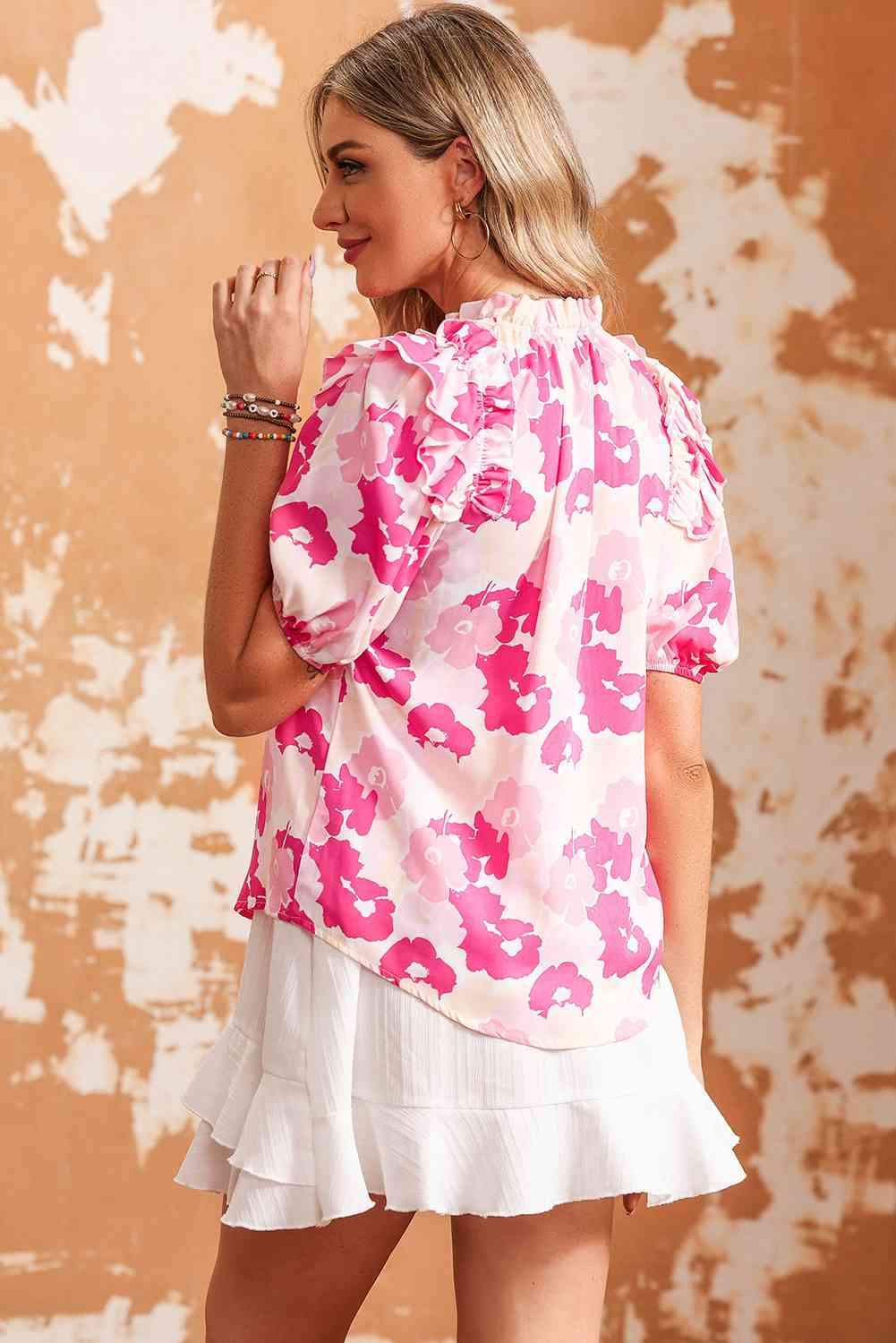 Floral Tie Neck Ruffle Shoulder Blouse Blouses - Tophatter Daily Deals