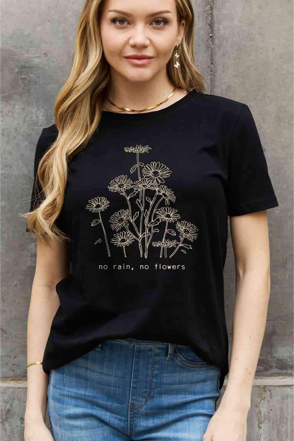 Simply Love Full Size NO RAIN NO FLOWERS Graphic Cotton Tee Black Women's T-Shirts - Tophatter Daily Deals