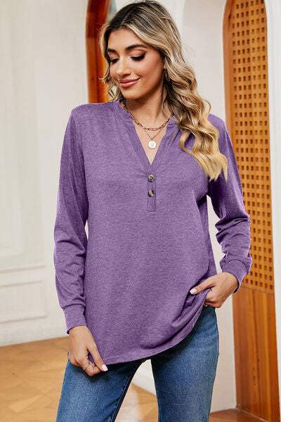 Notched Long Sleeve T-Shirt Lavender Women's T-Shirts - Tophatter Daily Deals