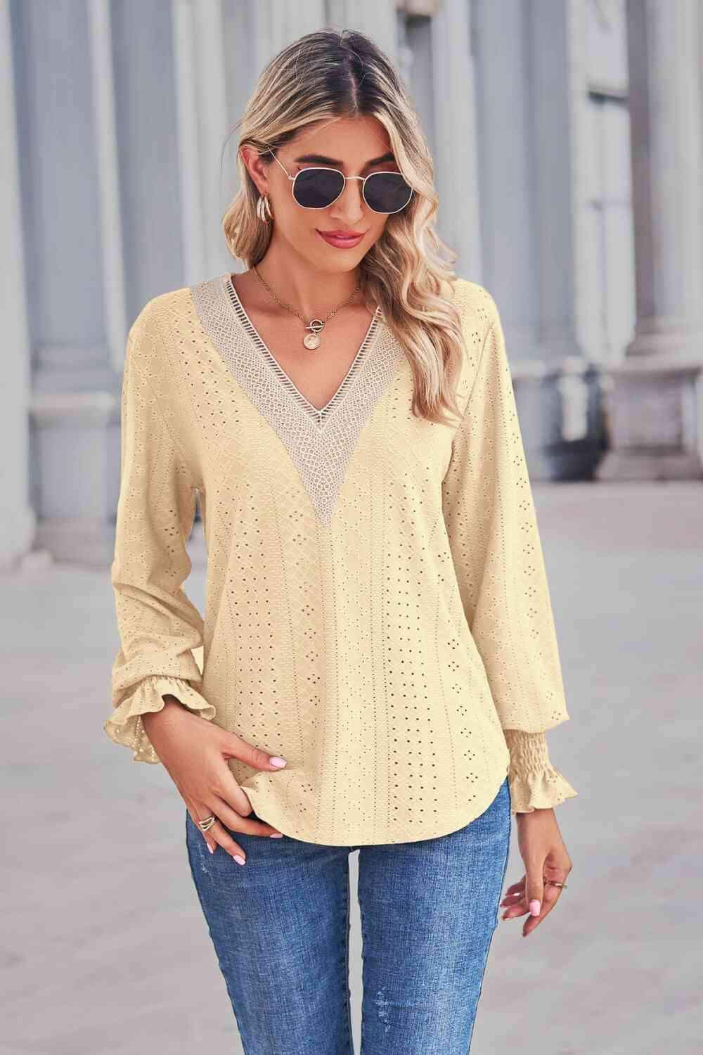 Contrast V-Neck Flounce Sleeve Top Blouses - Tophatter Daily Deals