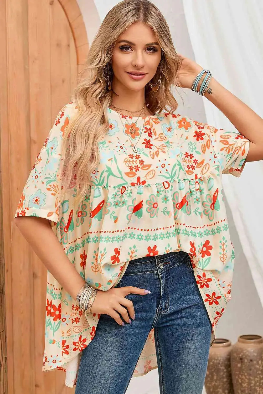 Floral Round Neck Babydoll Blouse Floral Blouses - Tophatter Daily Deals