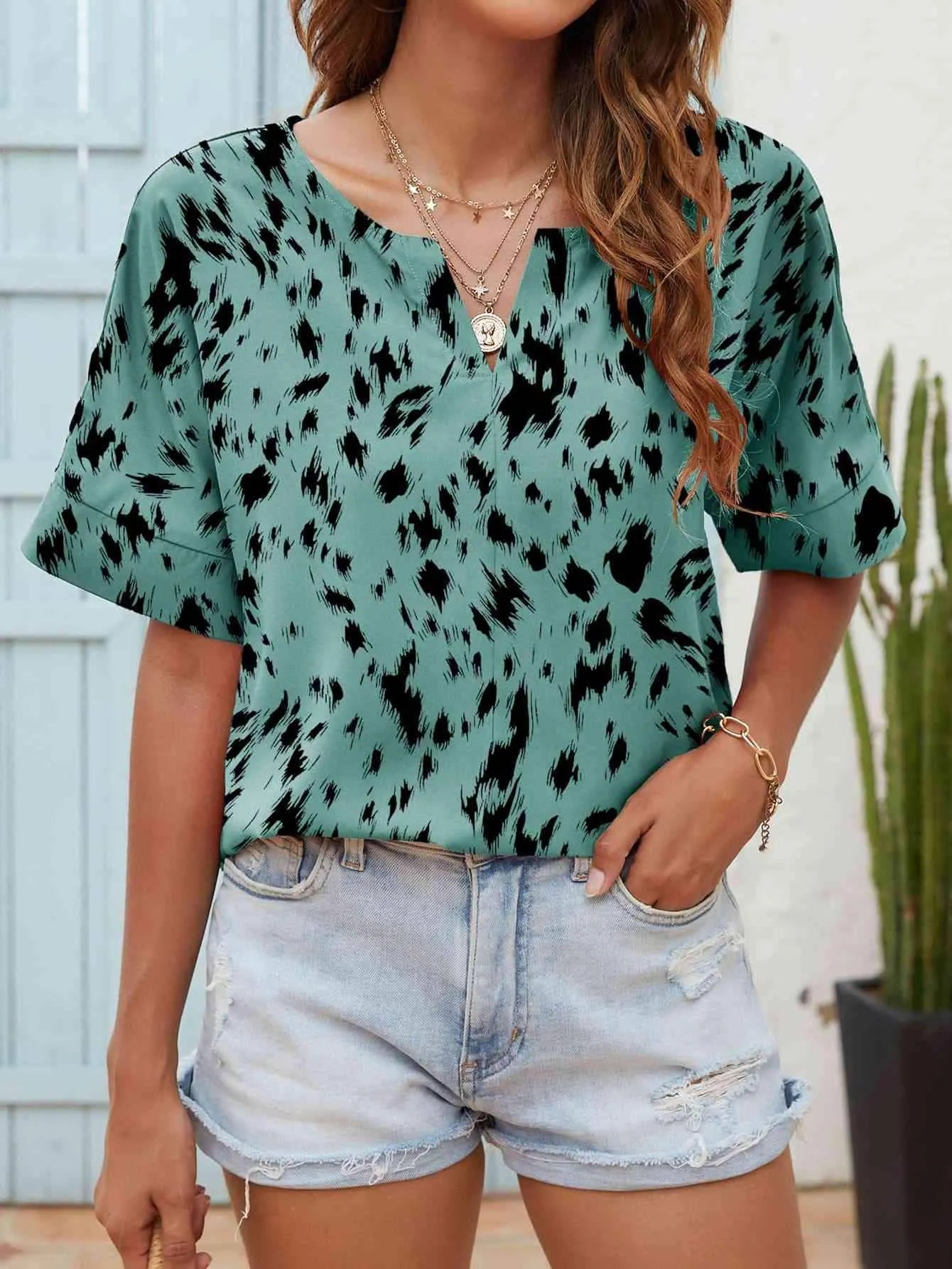 Printed Notched Neck Half Sleeve Blouse Blouses - Tophatter Daily Deals