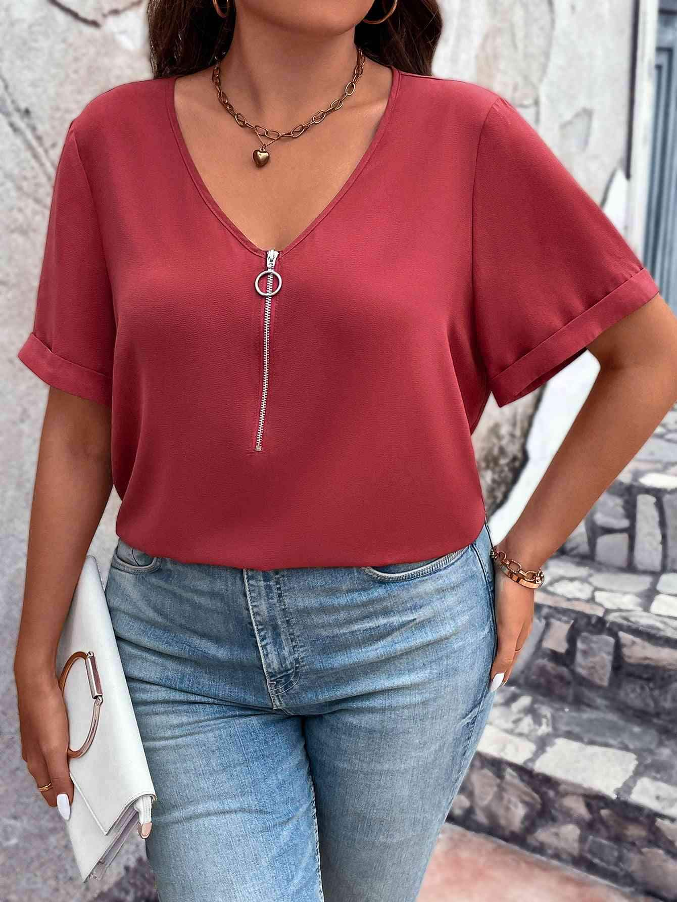 Plus Size V-Neck Short Sleeve Blouse with Zipper Blouses - Tophatter Daily Deals