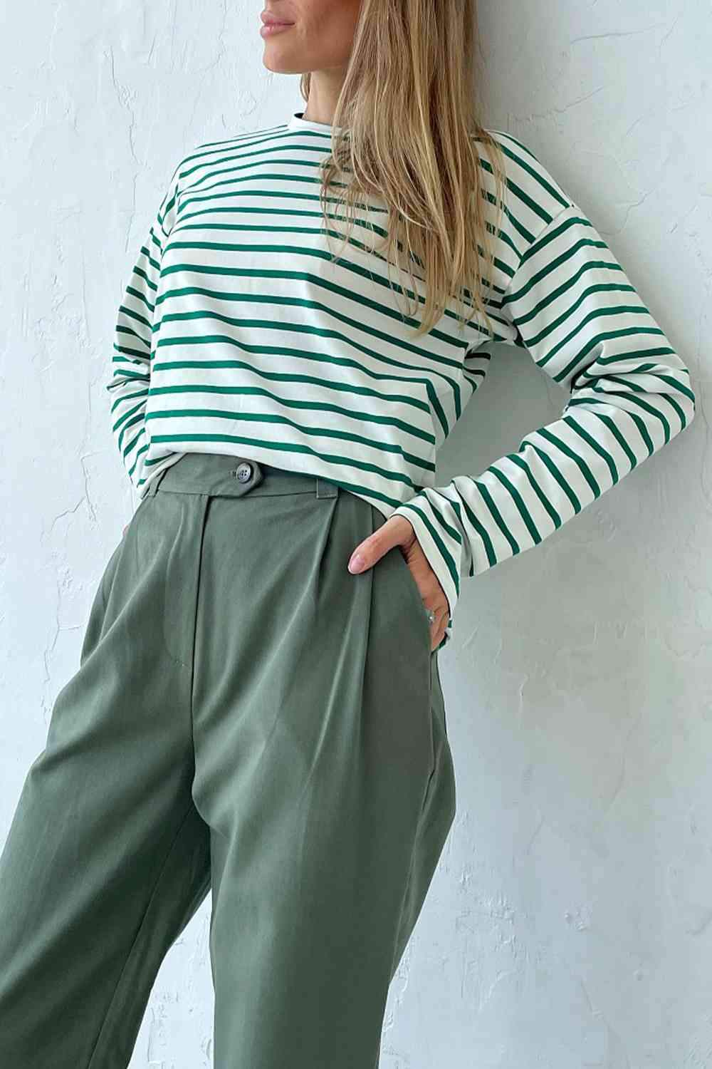 Round Neck Striped Dropped Shoulder T-Shirt Green Women's T-Shirts - Tophatter Daily Deals