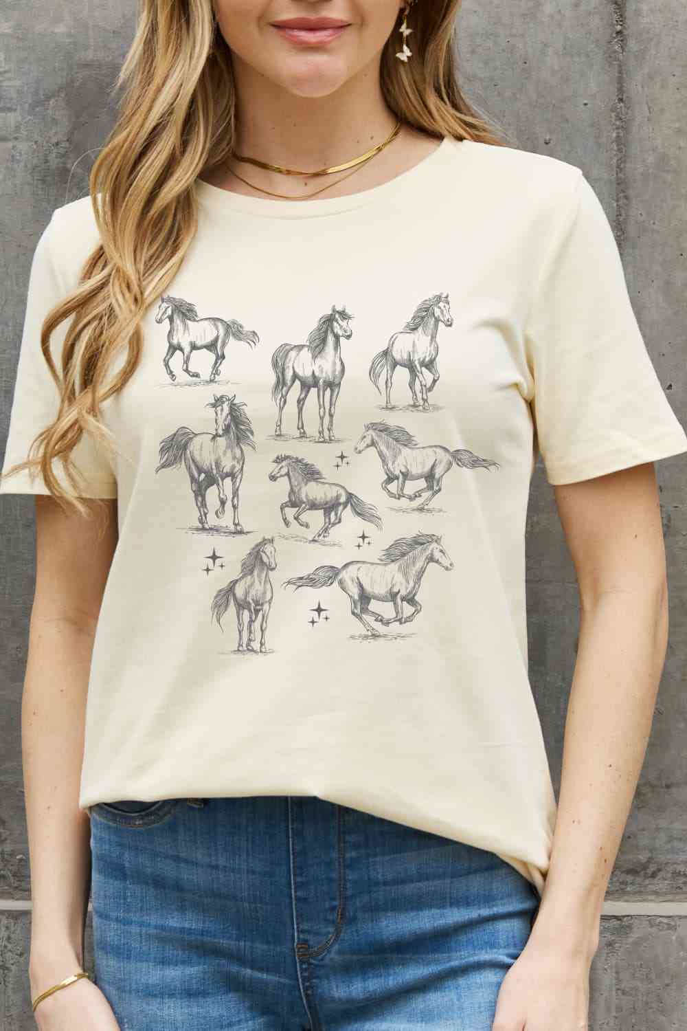 Simply Love Horse Graphic Cotton T-Shirt Ivory Women's T-Shirts - Tophatter Daily Deals