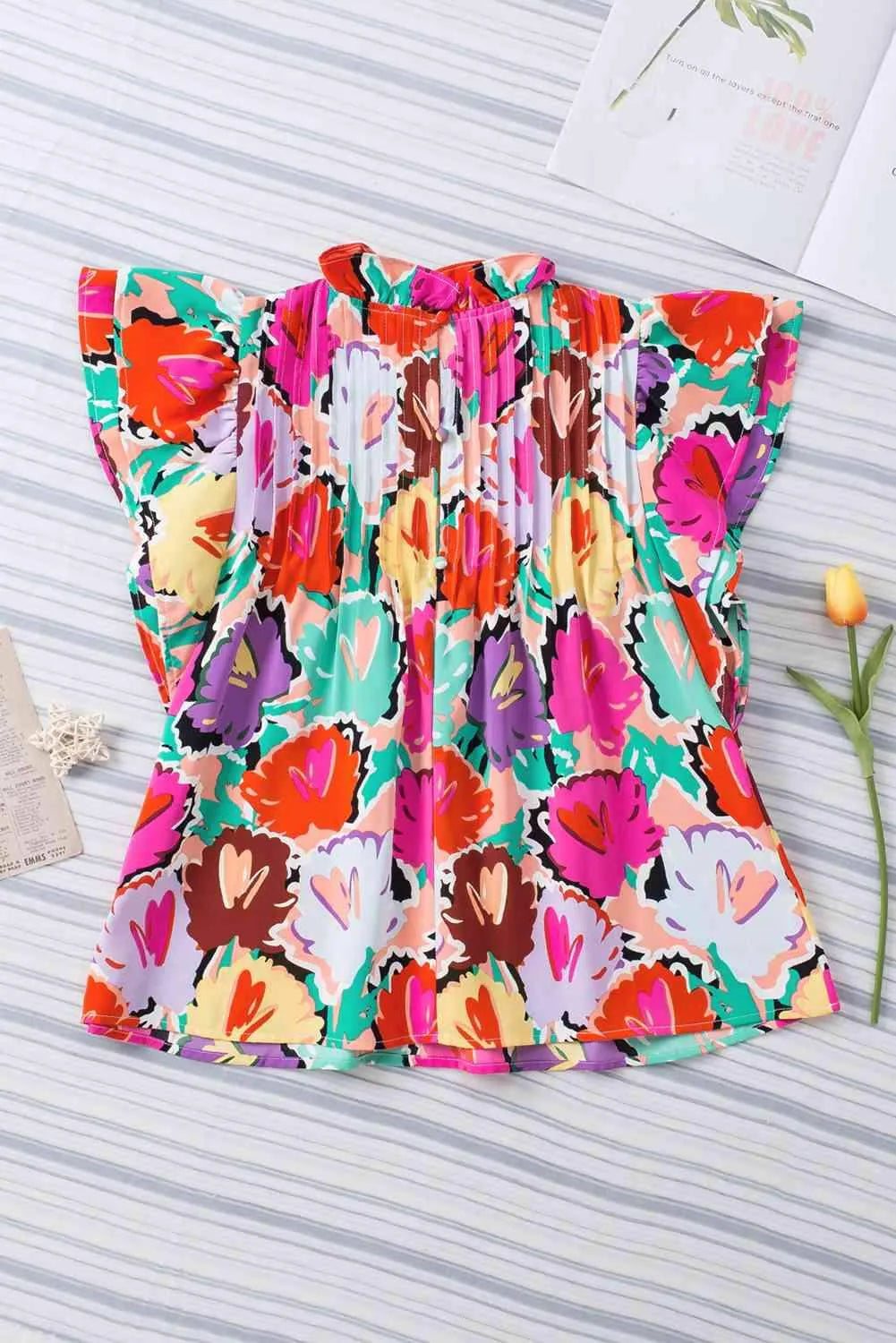 Multicolored Flutter Sleeve Mock Neck Blouse Blouses - Tophatter Daily Deals