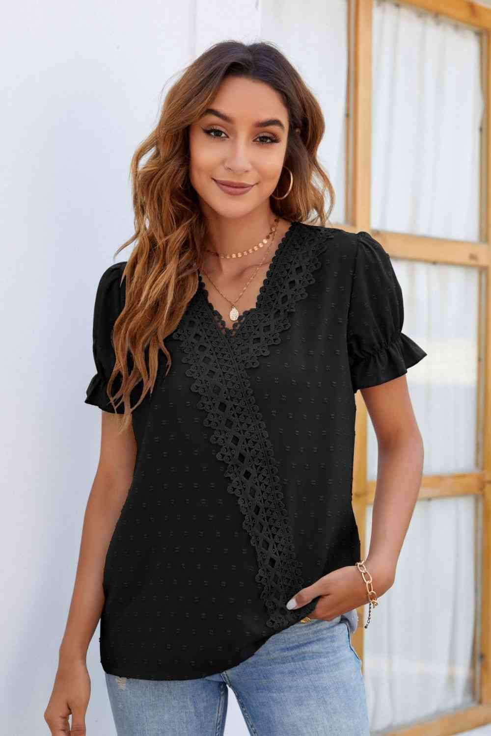 Swiss Dot Lace Trim Flounce Sleeve Blouse Blouses - Tophatter Daily Deals