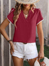 Contrast Trim Pom-Pom Detail Notched Neck Blouse Blouses - Tophatter Daily Deals