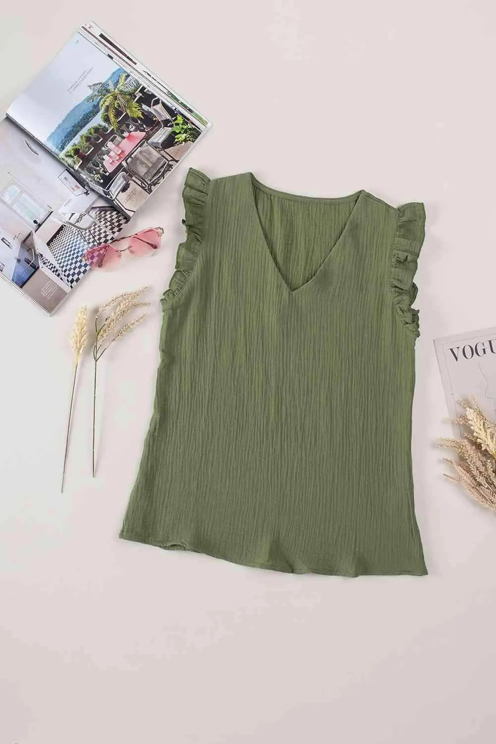 Ruffle Shoulder V-Neck Top Moss Blouses - Tophatter Daily Deals